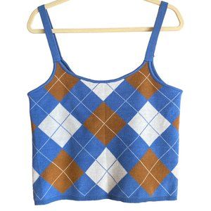 Preppy Argyle Academia Knit Spaghetti Strap Cropped Cami Sweater Tank Top-XL